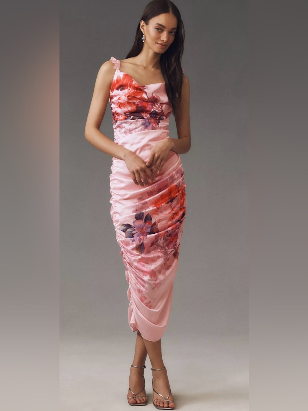 BHLDN Callie Sleeveless Ruched Printed Charmeuse Midi Dress